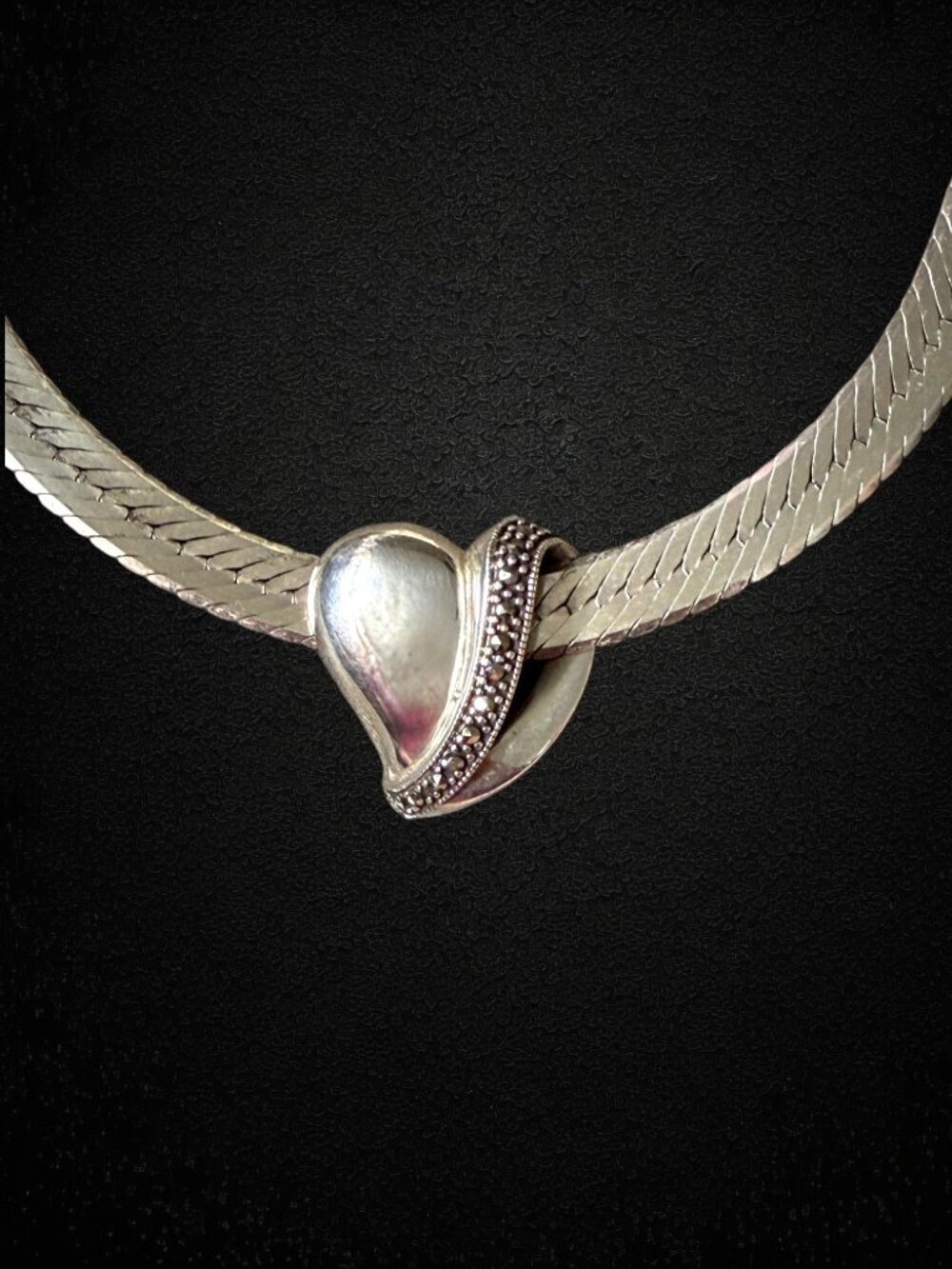 Vintage 925 Sterling Silver Marcasite Heart Slide Pendant Enhancer 5.2g